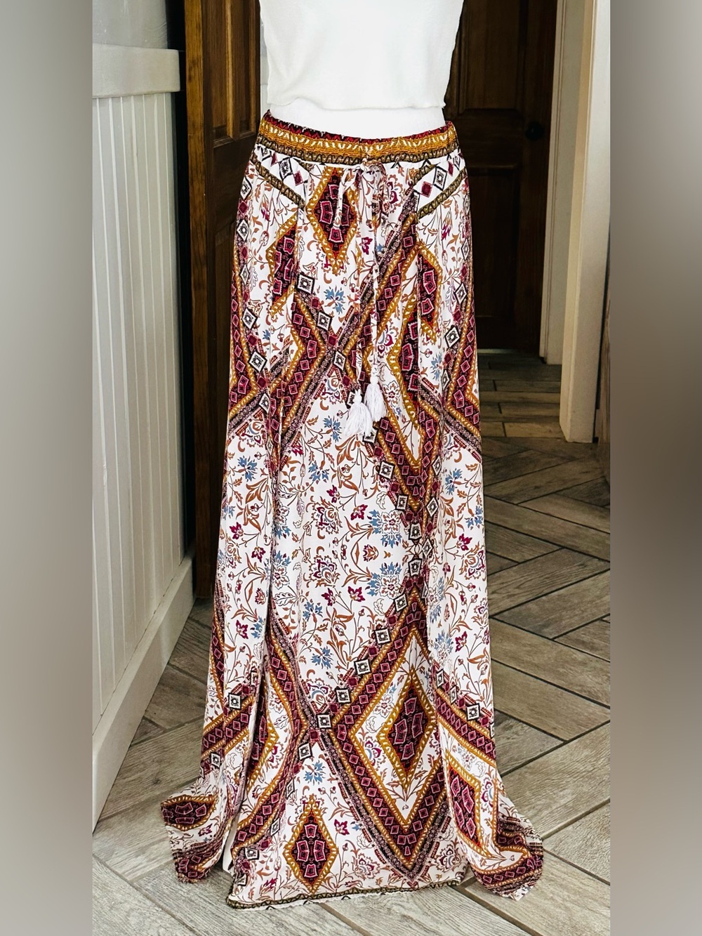 Boho Tribal Print Maxi Skirt Tassel Tie At Waist Flowy Festival Geometric